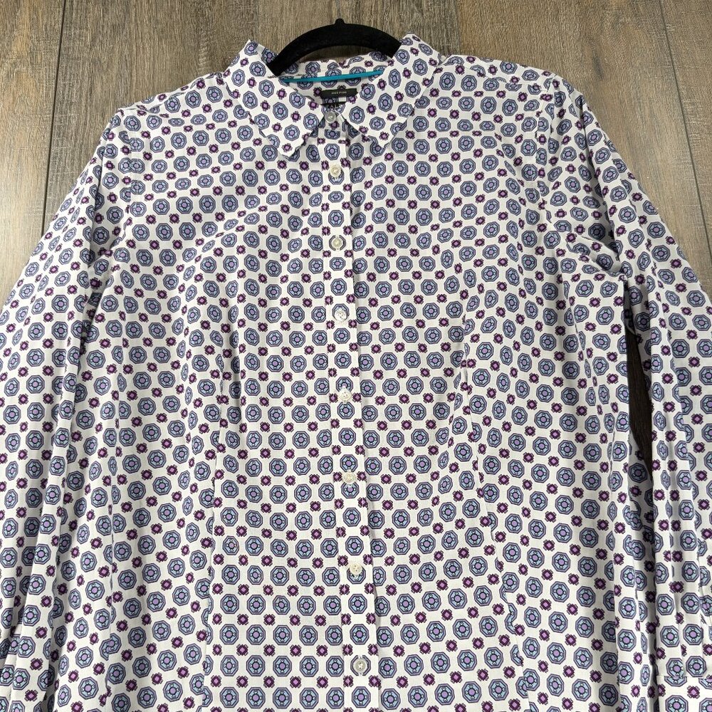 2/$30 Talbots Top Womens 14 Petite Multicolor Print Button Up Non Iron Preppy